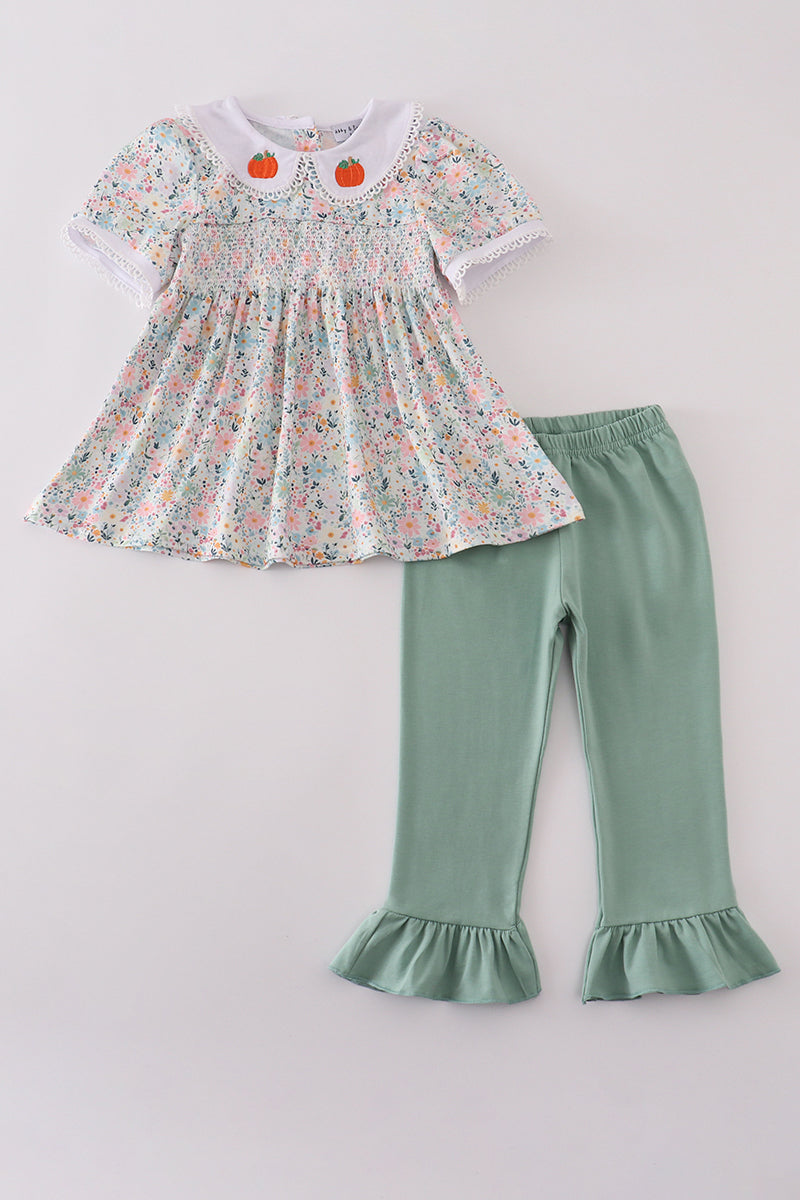 Pumpkin embroidery smocked ruffle pants set