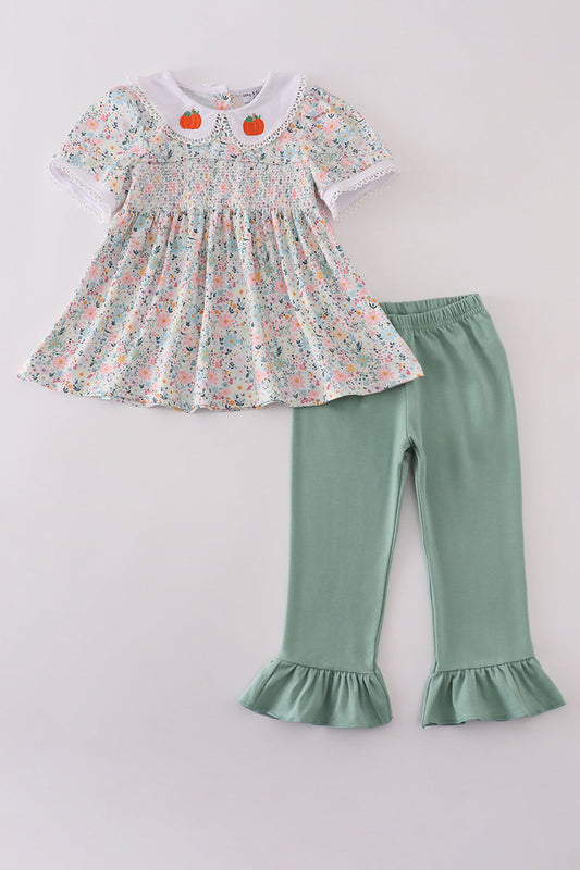 Pumpkin embroidery smocked ruffle pants set