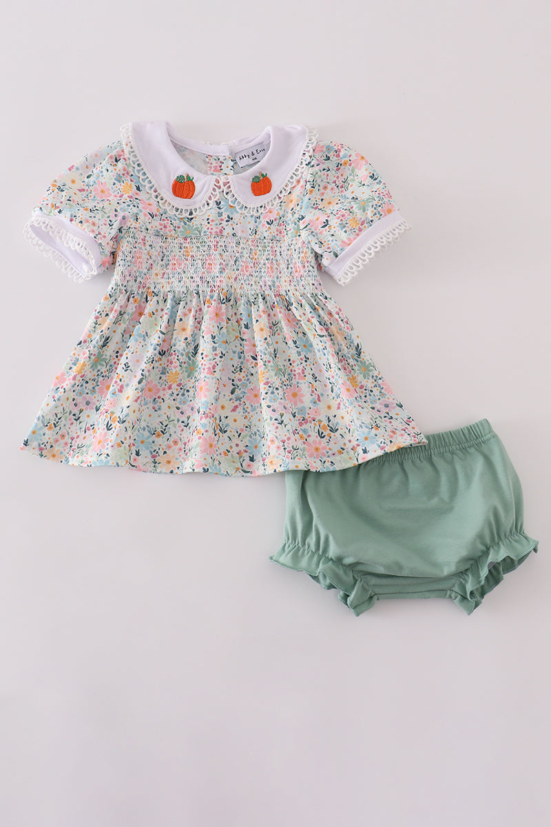 Floral pumpkin smocked bloomer set