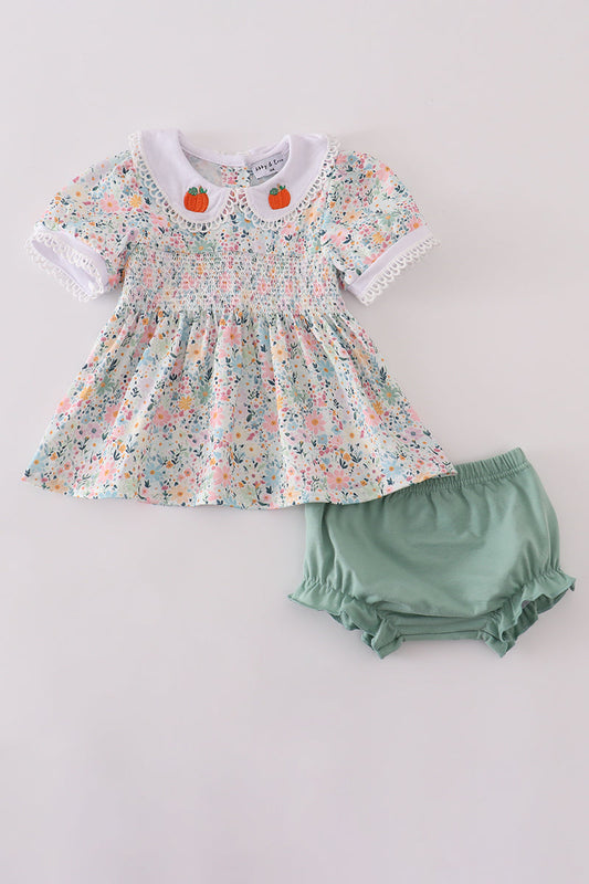 Floral pumpkin smocked bloomer set