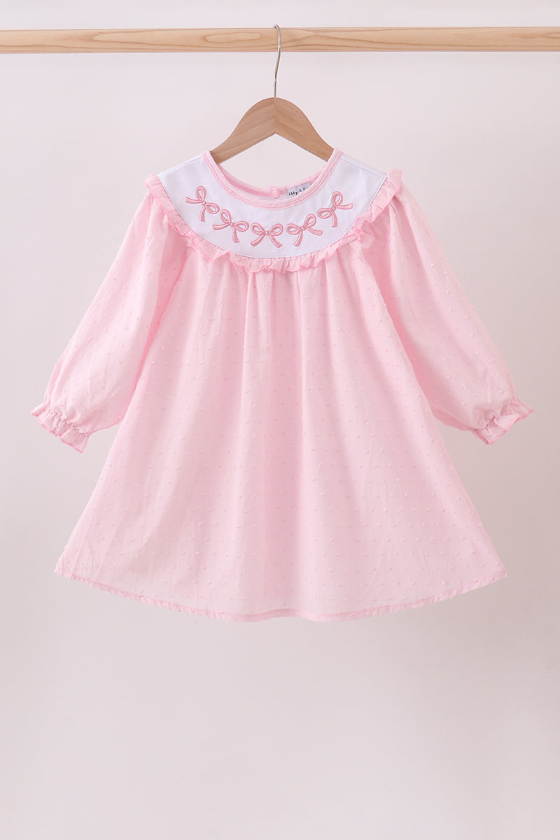 Pink bow embroidery swiss dot dress