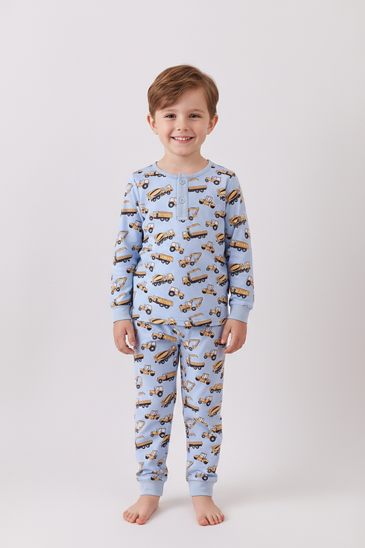 Blue excavator print bamboo pants set