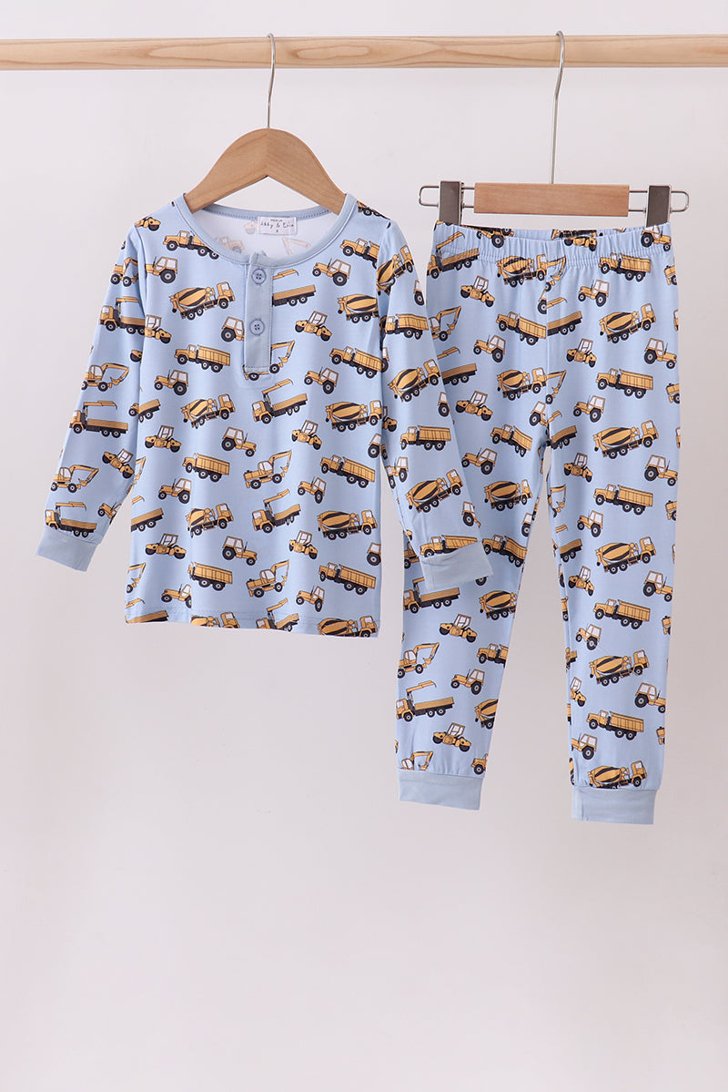 Blue excavator print bamboo pants set