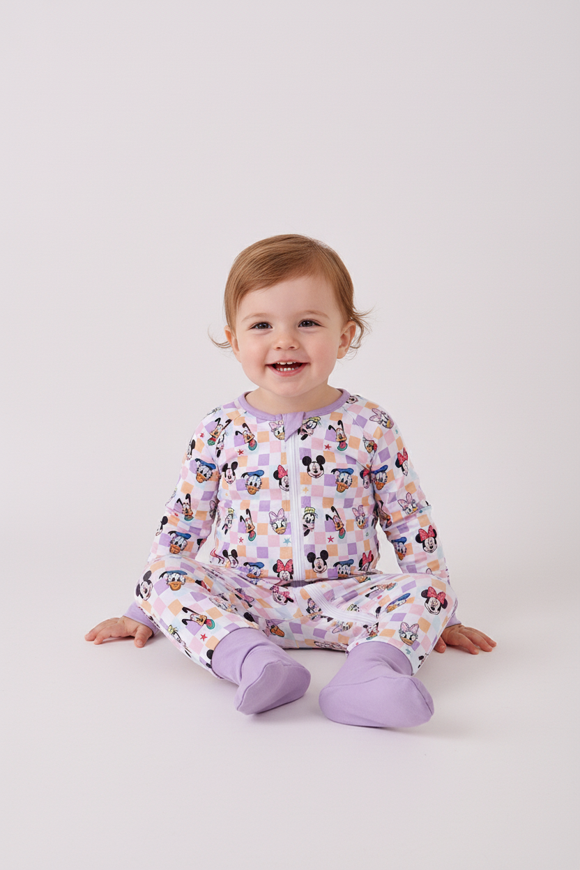 Purple character print checkered bamboo romper