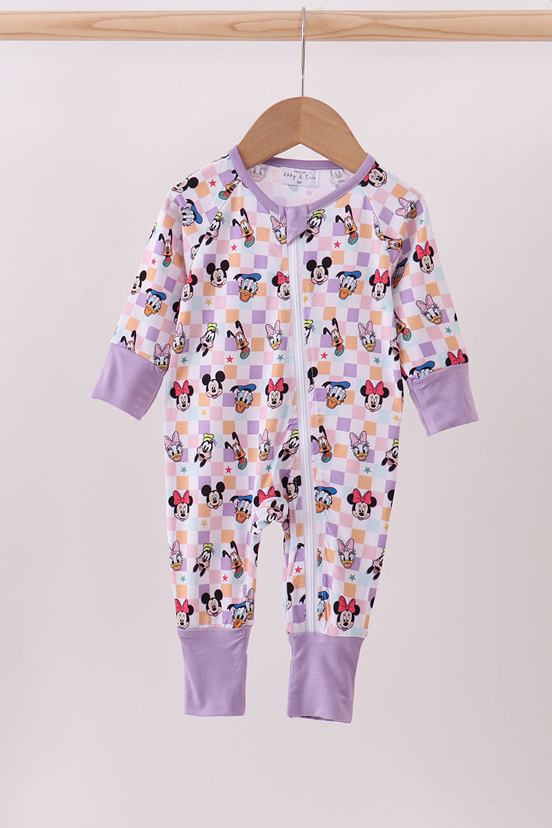 Purple character print checkered bamboo romper