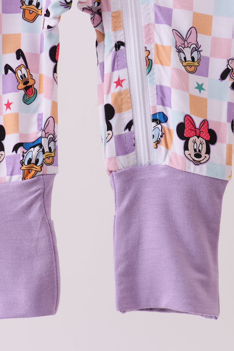 Purple character print checkered bamboo romper