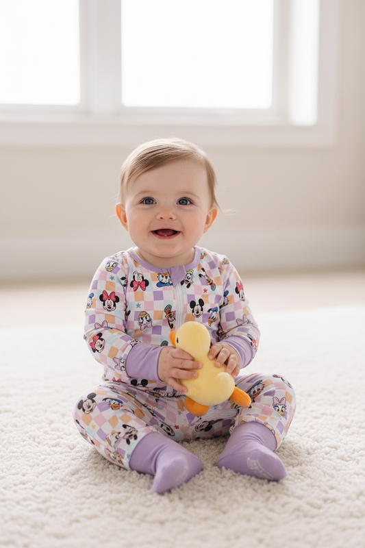 Purple character print checkered bamboo romper