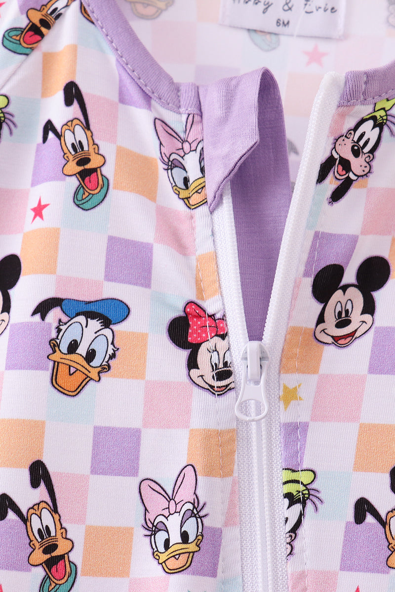 Purple character print checkered bamboo romper