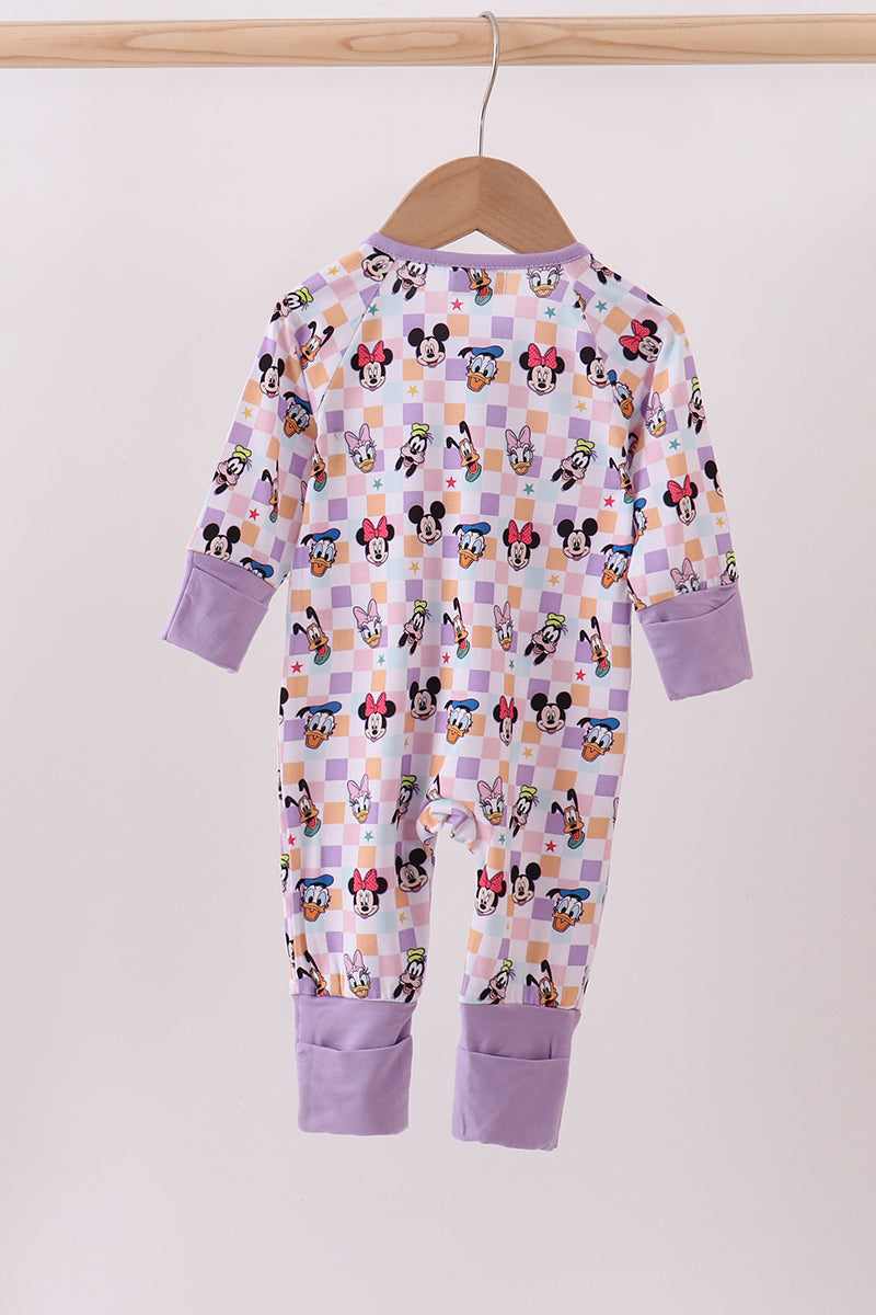 Purple character print checkered bamboo romper