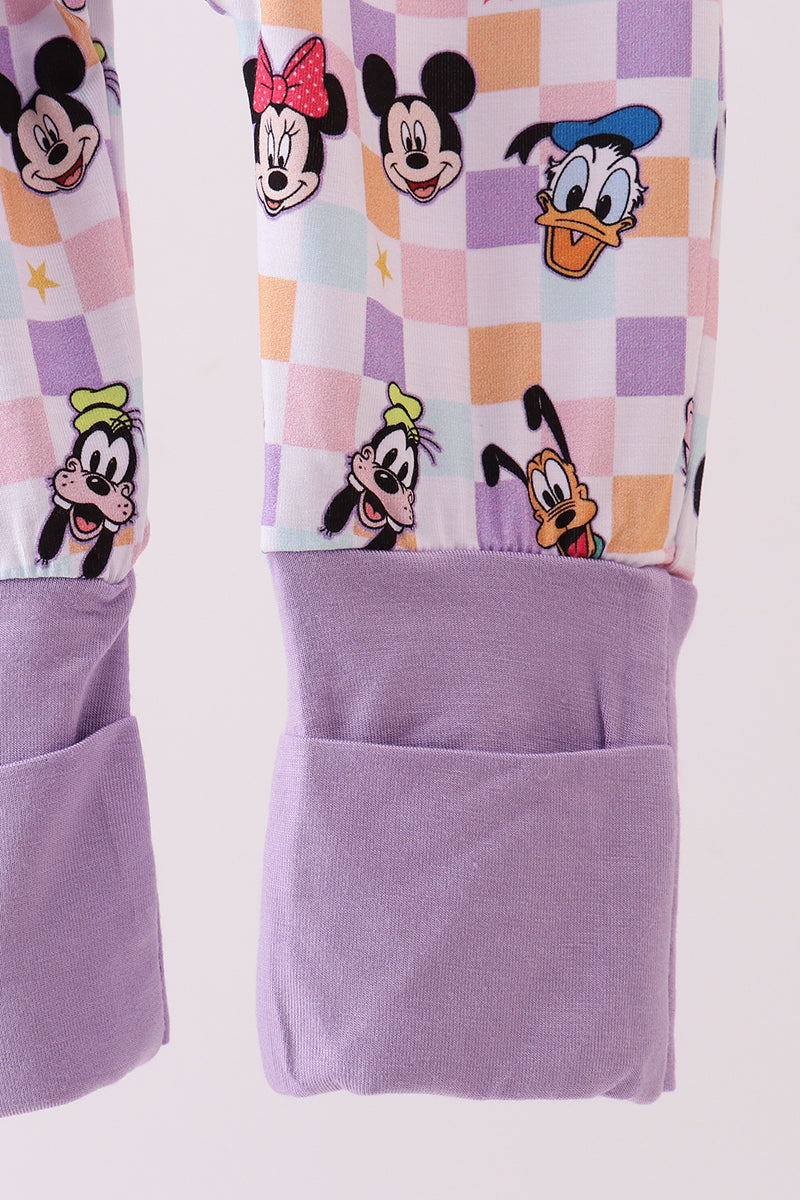 Purple character print checkered bamboo romper