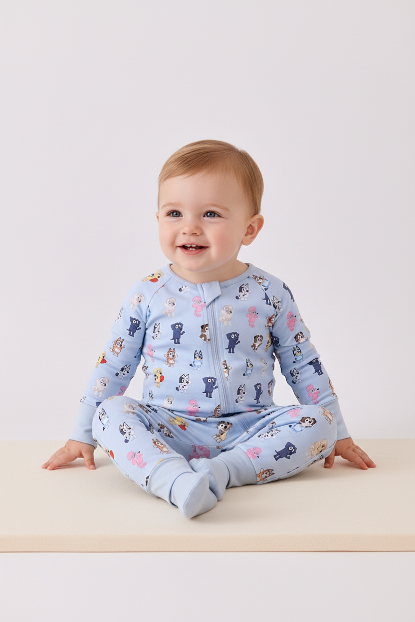 Blue character print bamboo romper