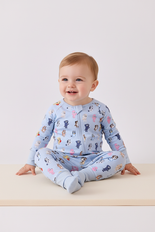 Blue character print bamboo romper