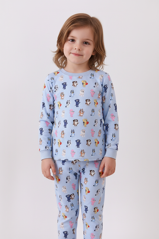 Blue character print bamboo pants set