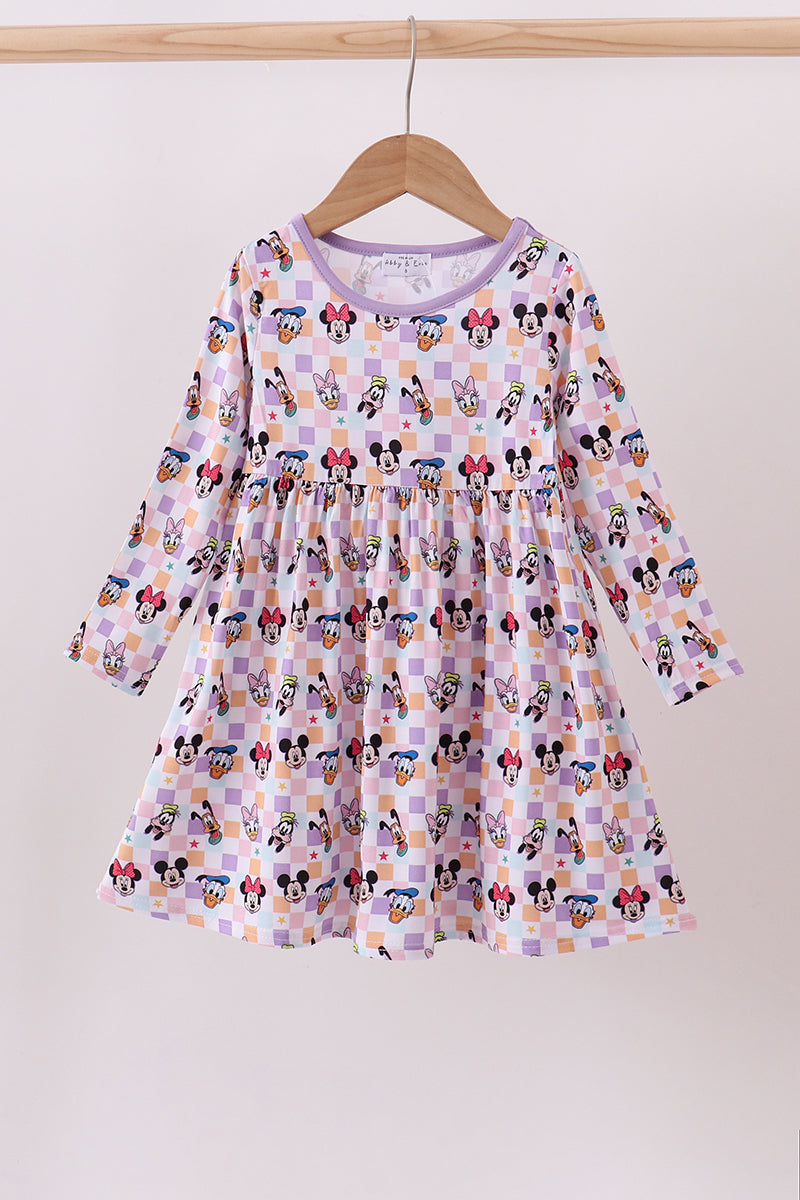 Purple character print bamboo checkered dress