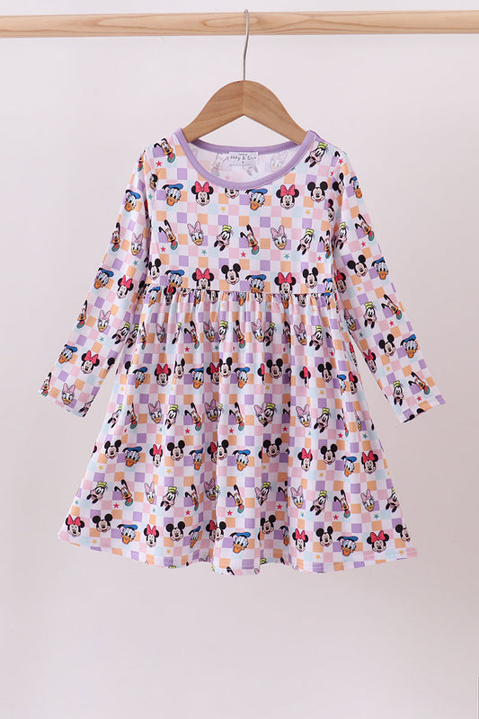 Purple character print bamboo checkered dress