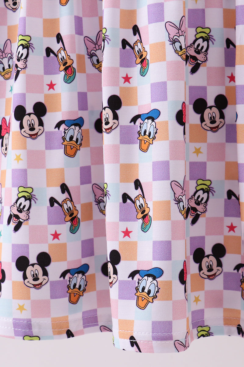 Purple character print bamboo checkered dress