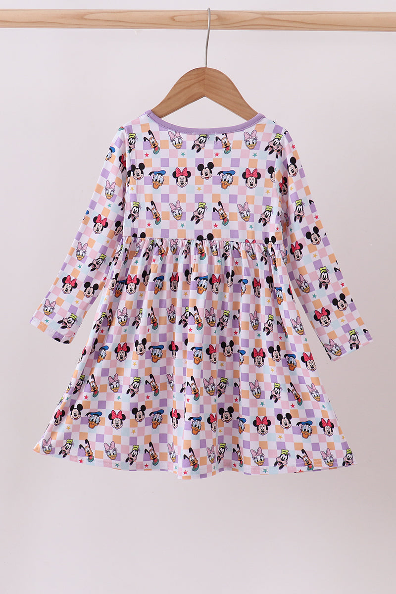 Purple character print bamboo checkered dress
