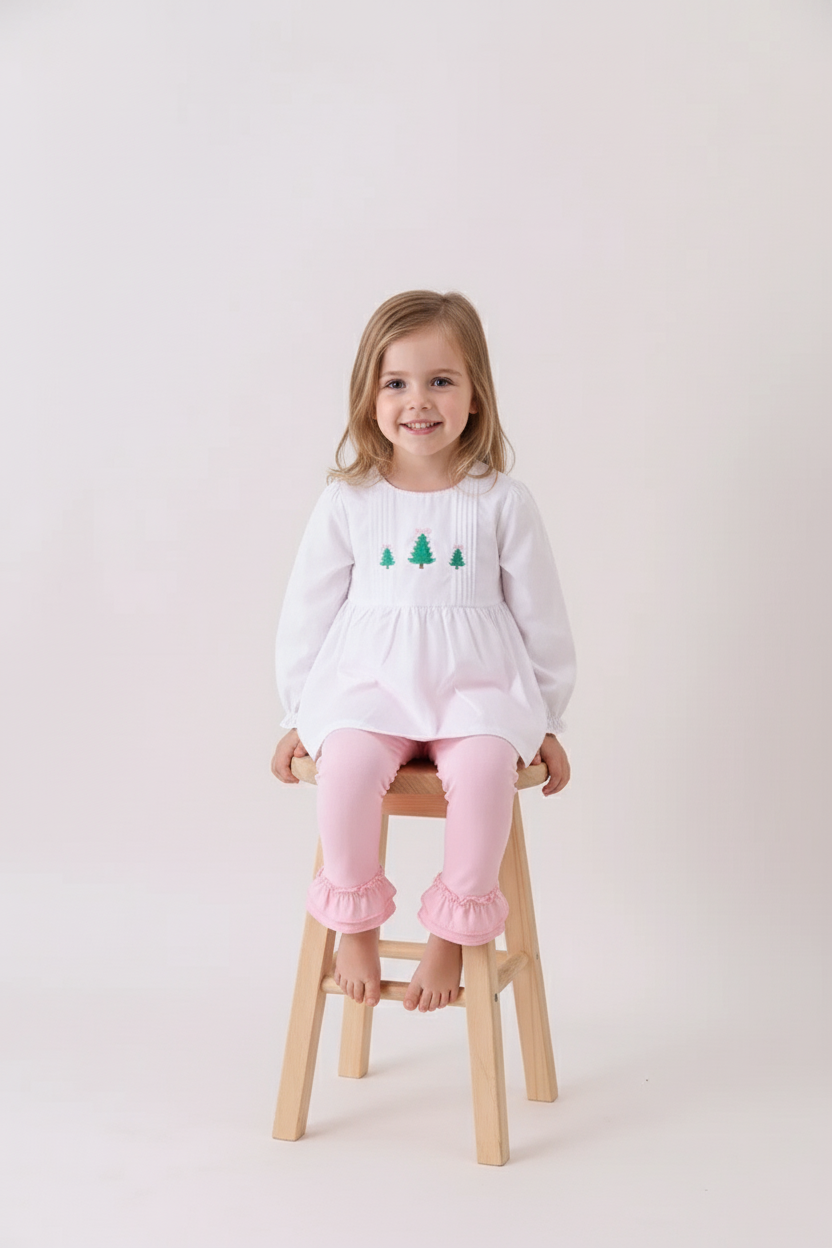 White christmas tree embroidery ruffle pants set