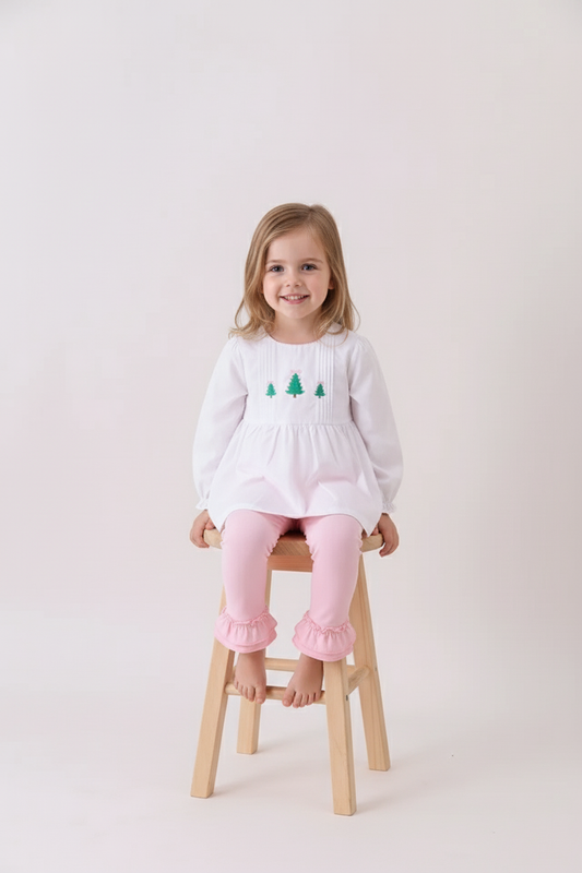 White christmas tree embroidery ruffle pants set