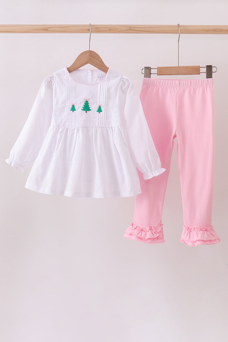 White christmas tree embroidery ruffle pants set
