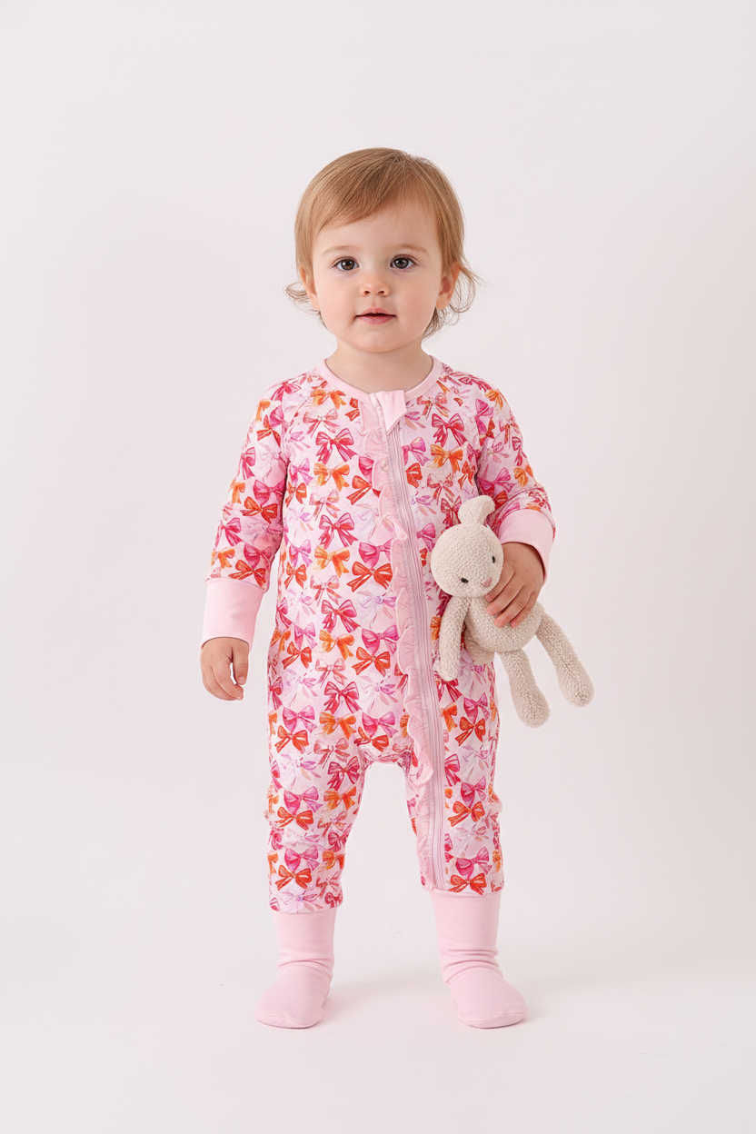 Berry blossom bows ruffle bamboo romper