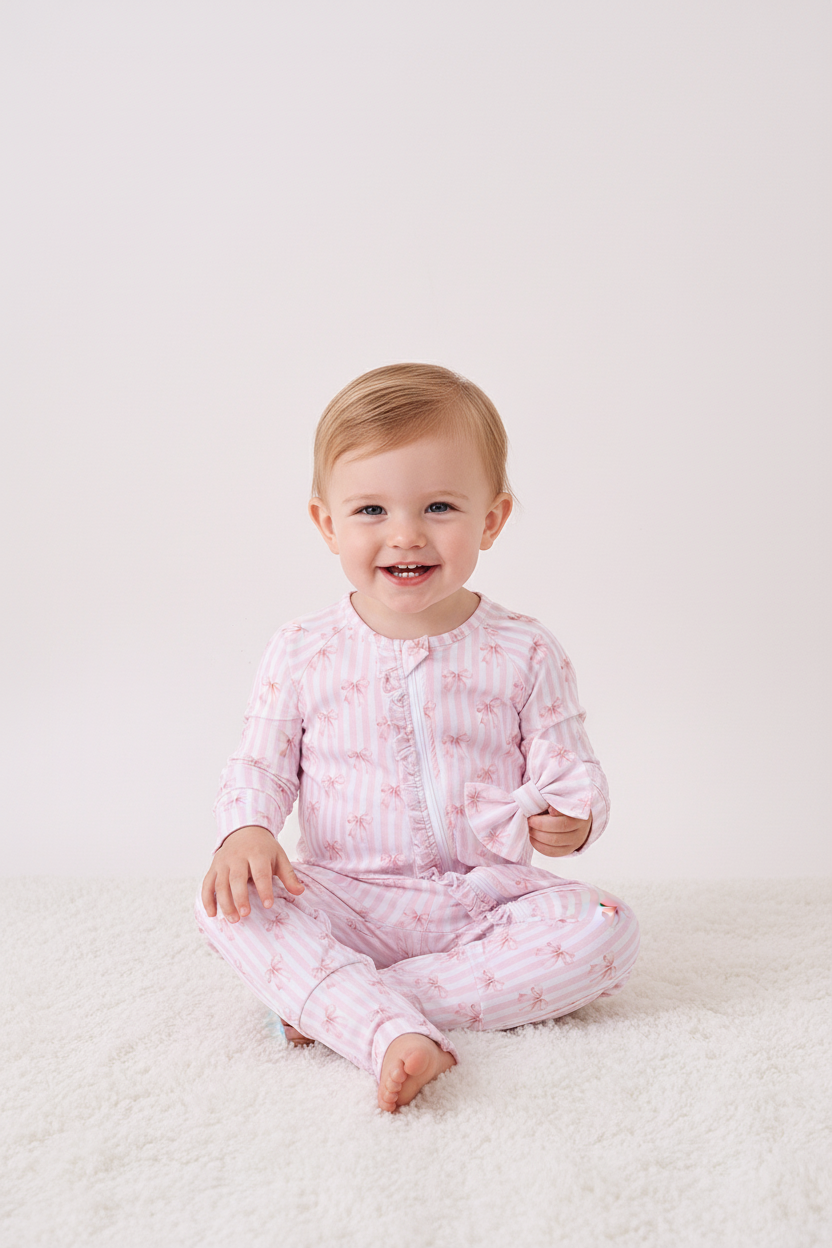 Blush bow stripe bamboo romper