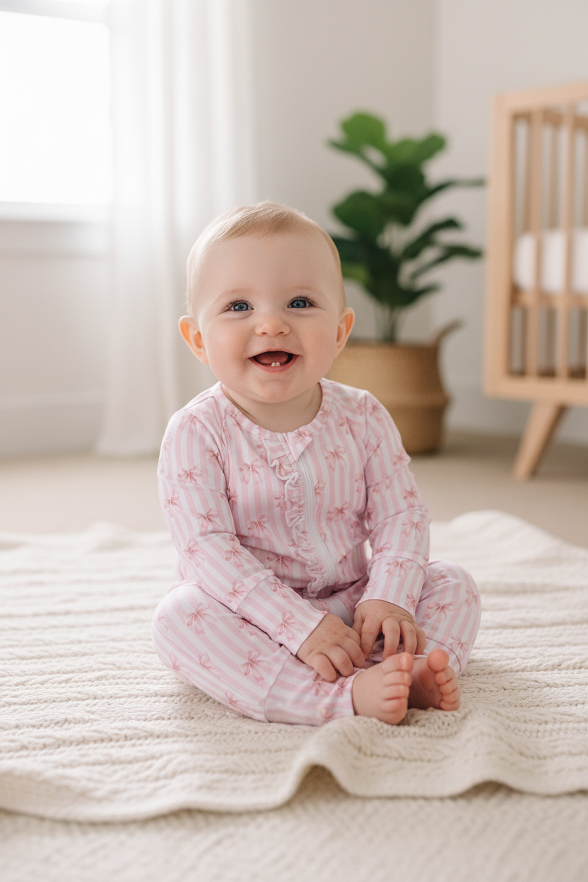 Blush bow stripe bamboo romper