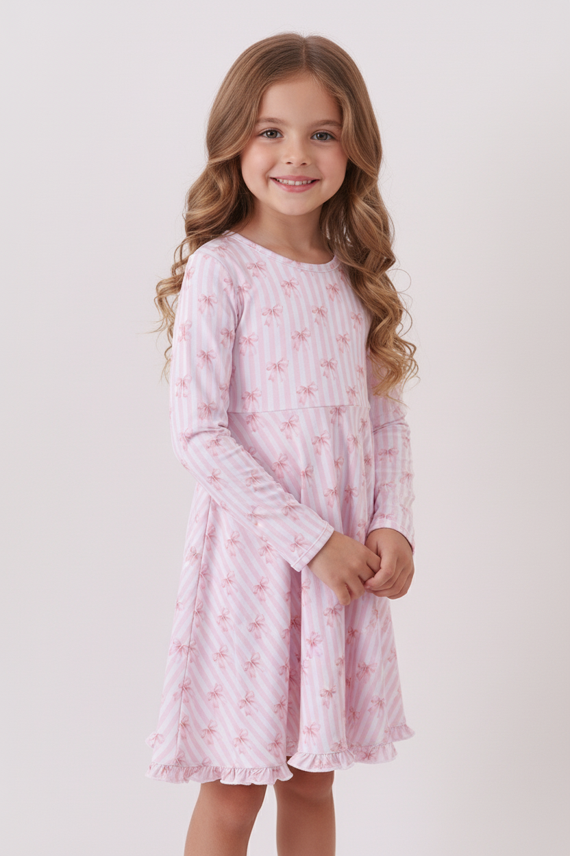 Blush bow stripe print ruffle bamboo dress