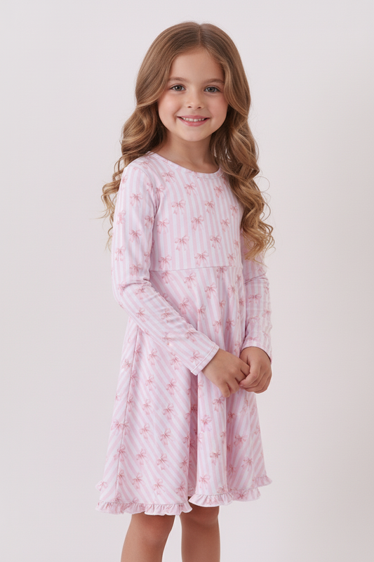 Blush bow stripe print ruffle bamboo dress