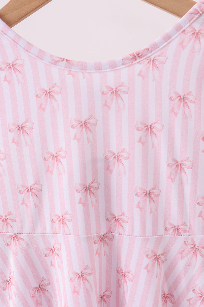 Blush bow stripe print ruffle bamboo dress