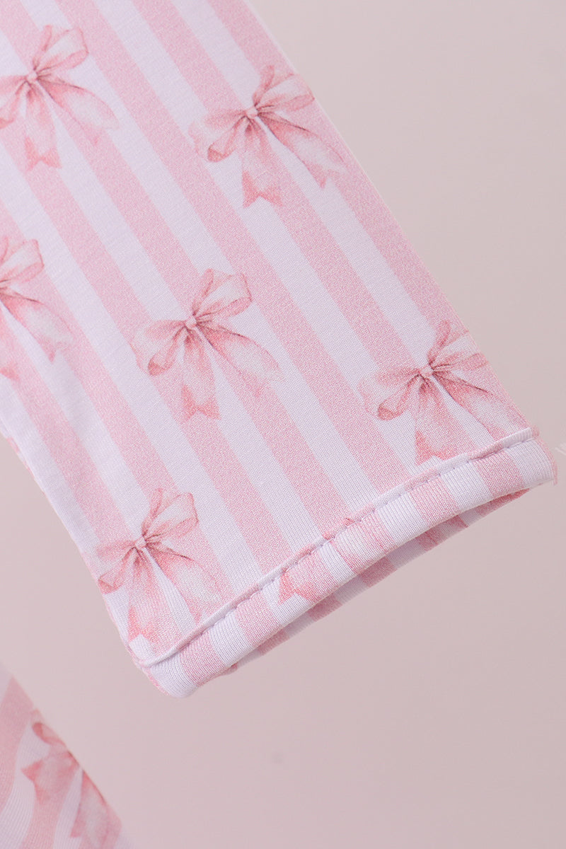 Blush bow stripe print ruffle bamboo dress