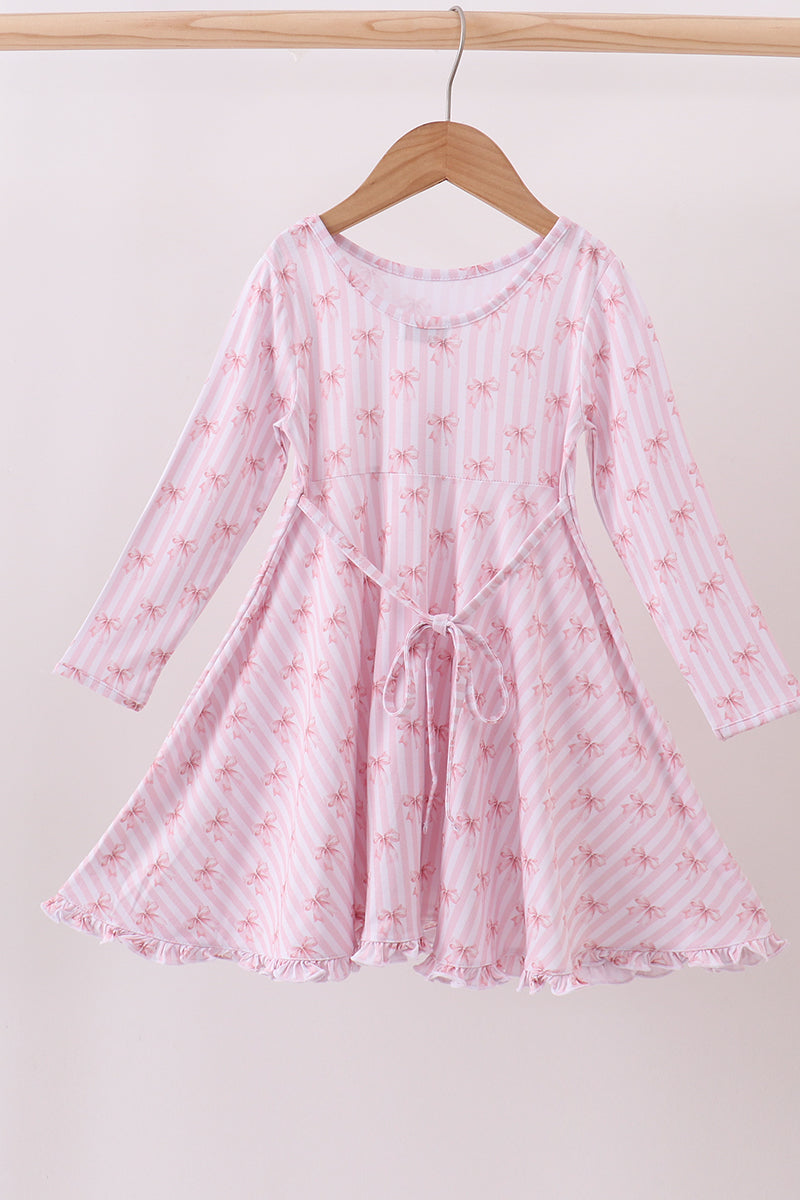 Blush bow stripe print ruffle bamboo dress