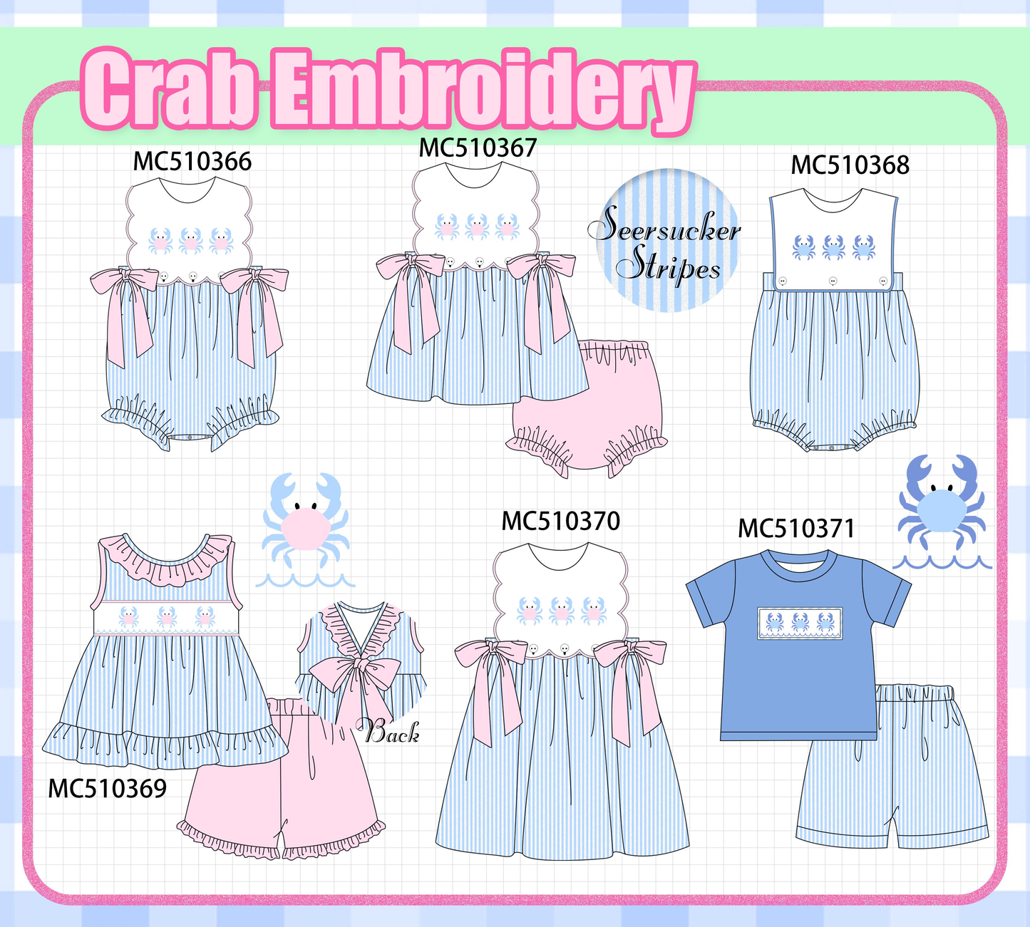 PO71 Blue crab embroidery seersucker stripe collection