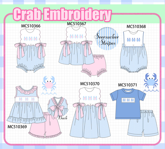 PO71 Blue crab embroidery seersucker stripe collection