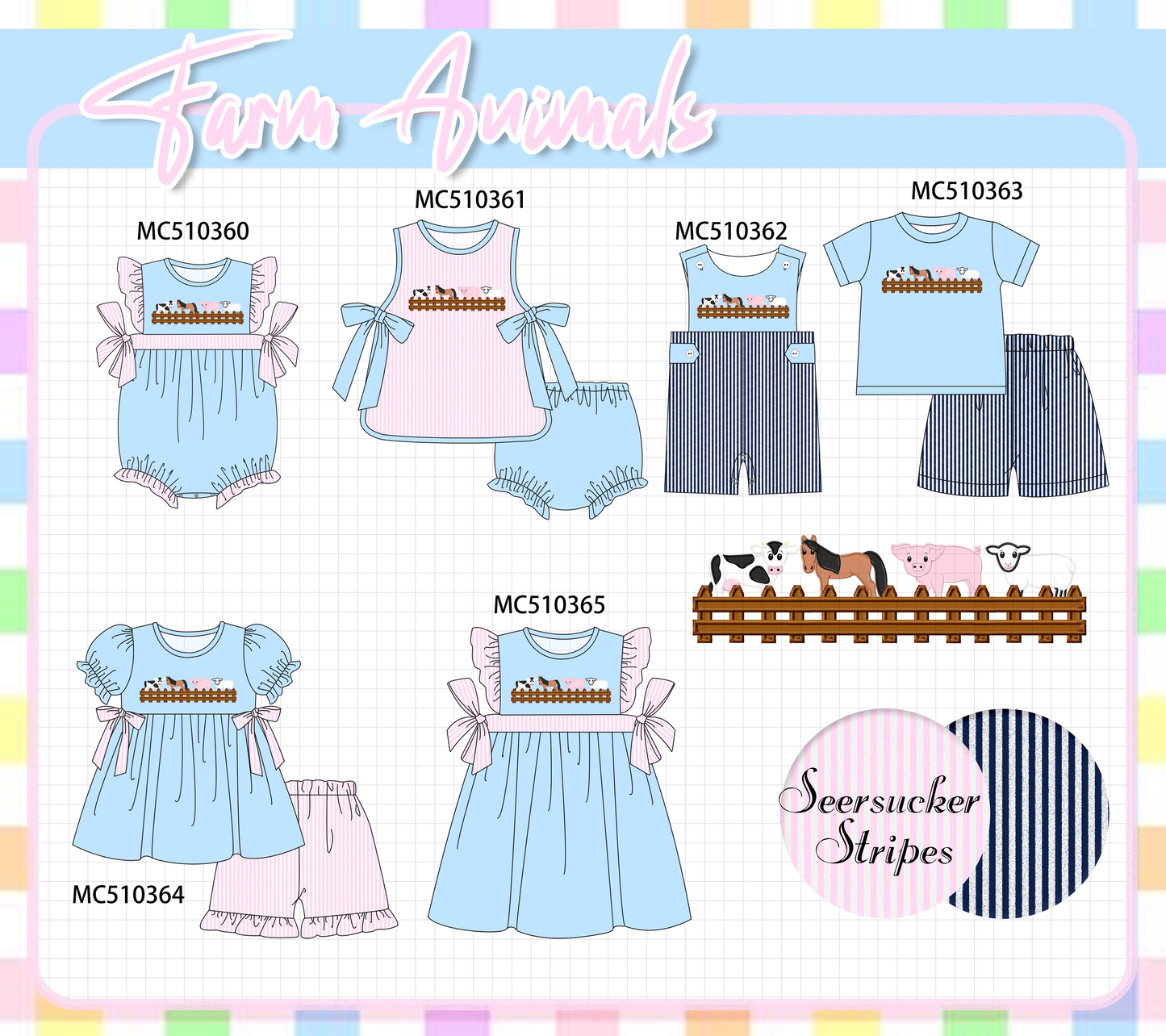 PO71 Blue farm animal seersucker collection