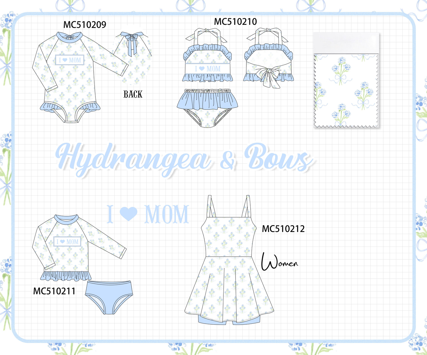 PO71 Blue hydrangea I love MOM embroidery ruffle collection