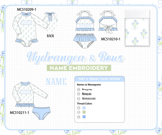 PO71 Blue hydrangea monogram embroidery ruffle collection