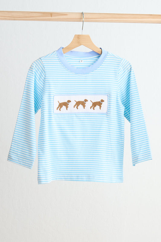 Puppy hand smocked boy stripe top