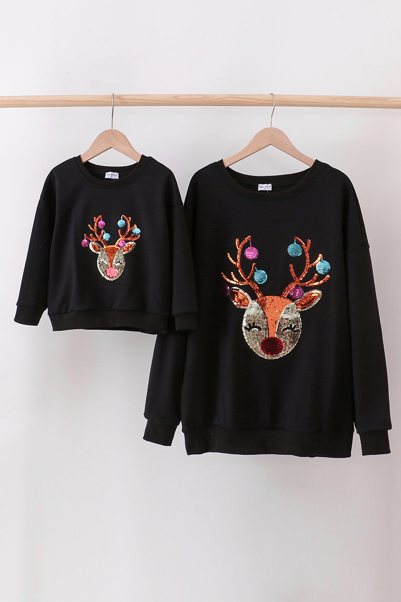 Black reindeer sequin mom&me fleece sweatshirt