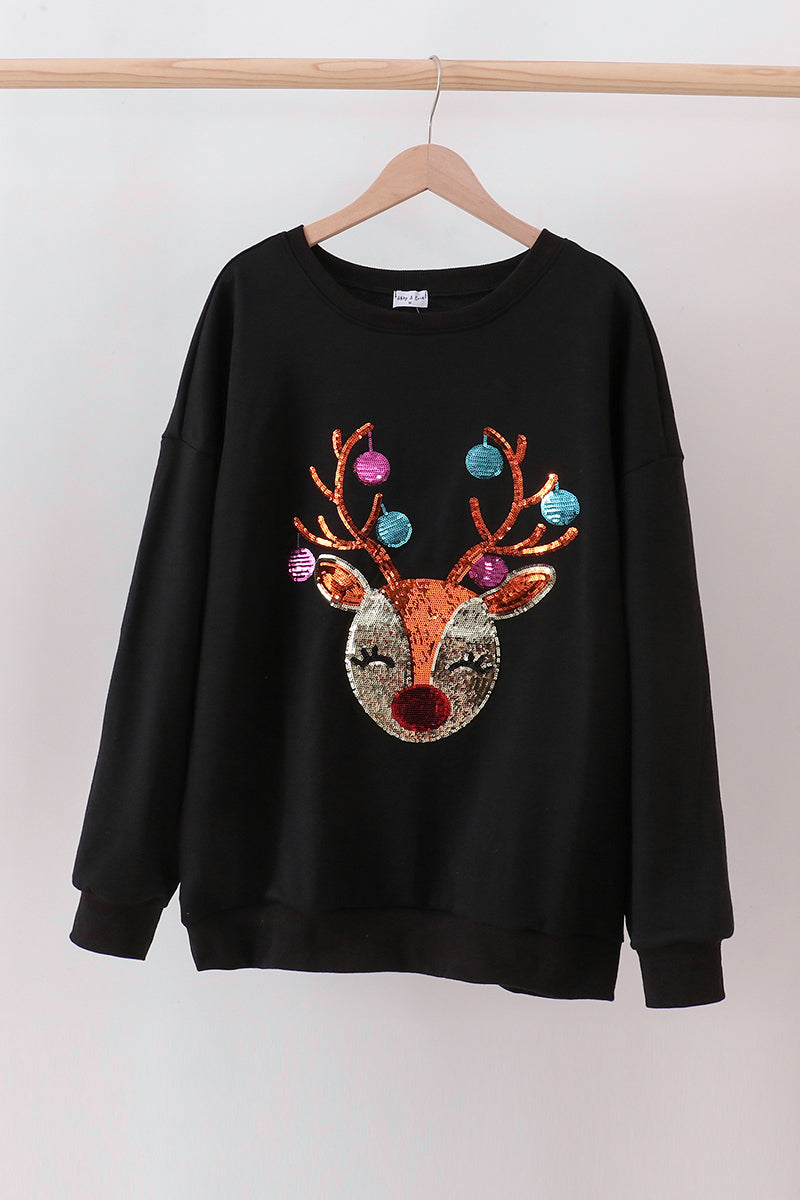 Black reindeer sequin mom&me fleece sweatshirt