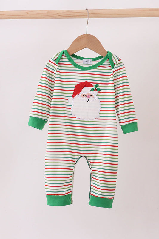 Green santa claus applique stripe romper
