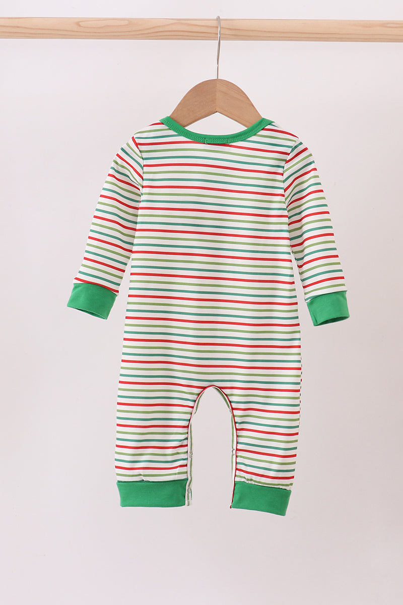 Green santa claus applique stripe romper