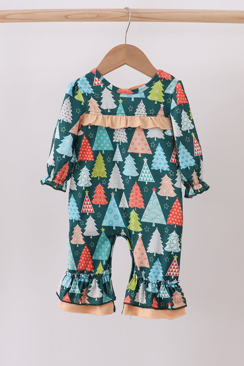 Green tree print ruffle romper