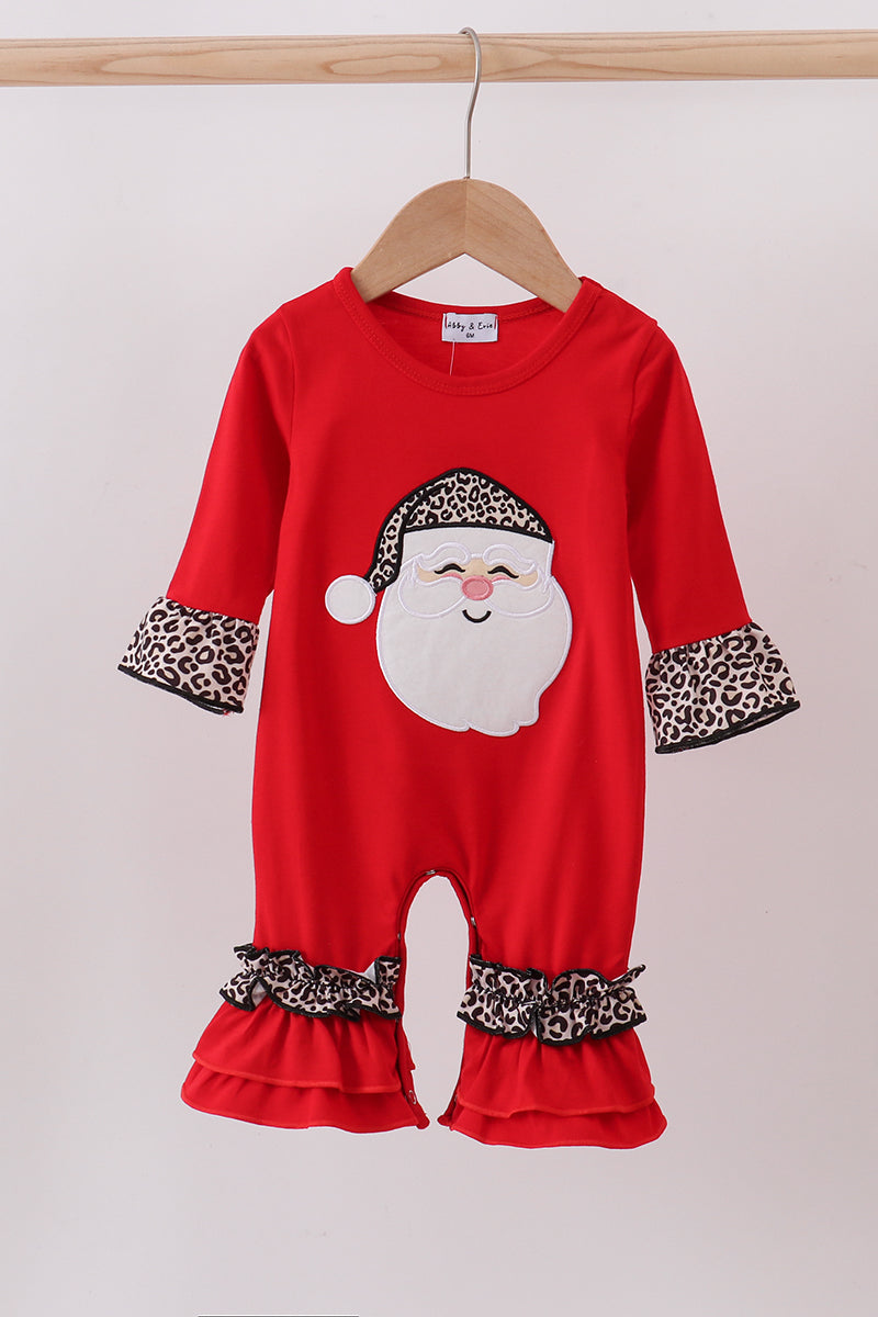 Red santa claus applique leopard ruffle romper