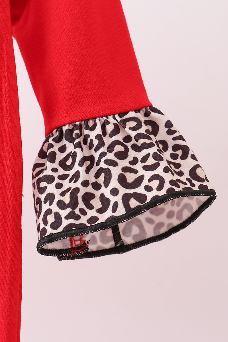 Red santa claus applique leopard ruffle romper