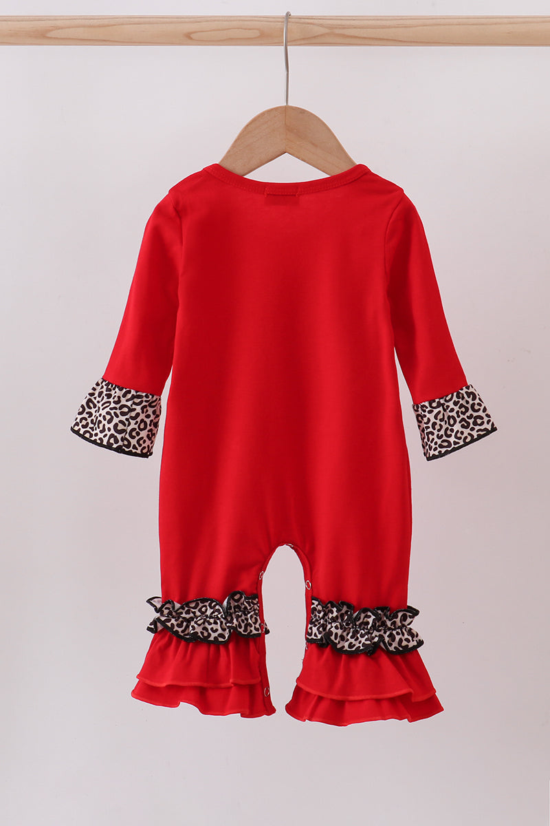 Red santa claus applique leopard ruffle romper