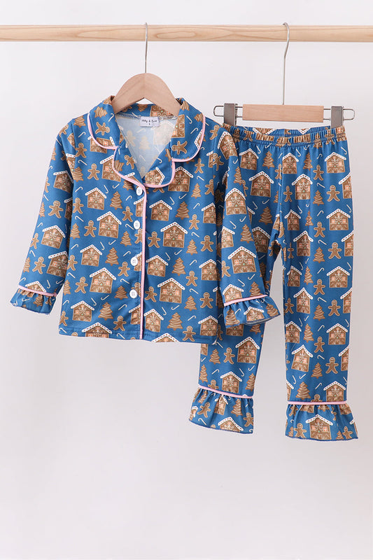 Navy gingerbread print ruffle pajamas set