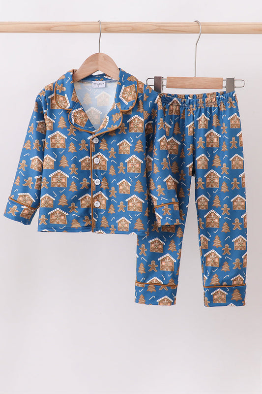 Navy gingerbread print pajamas set
