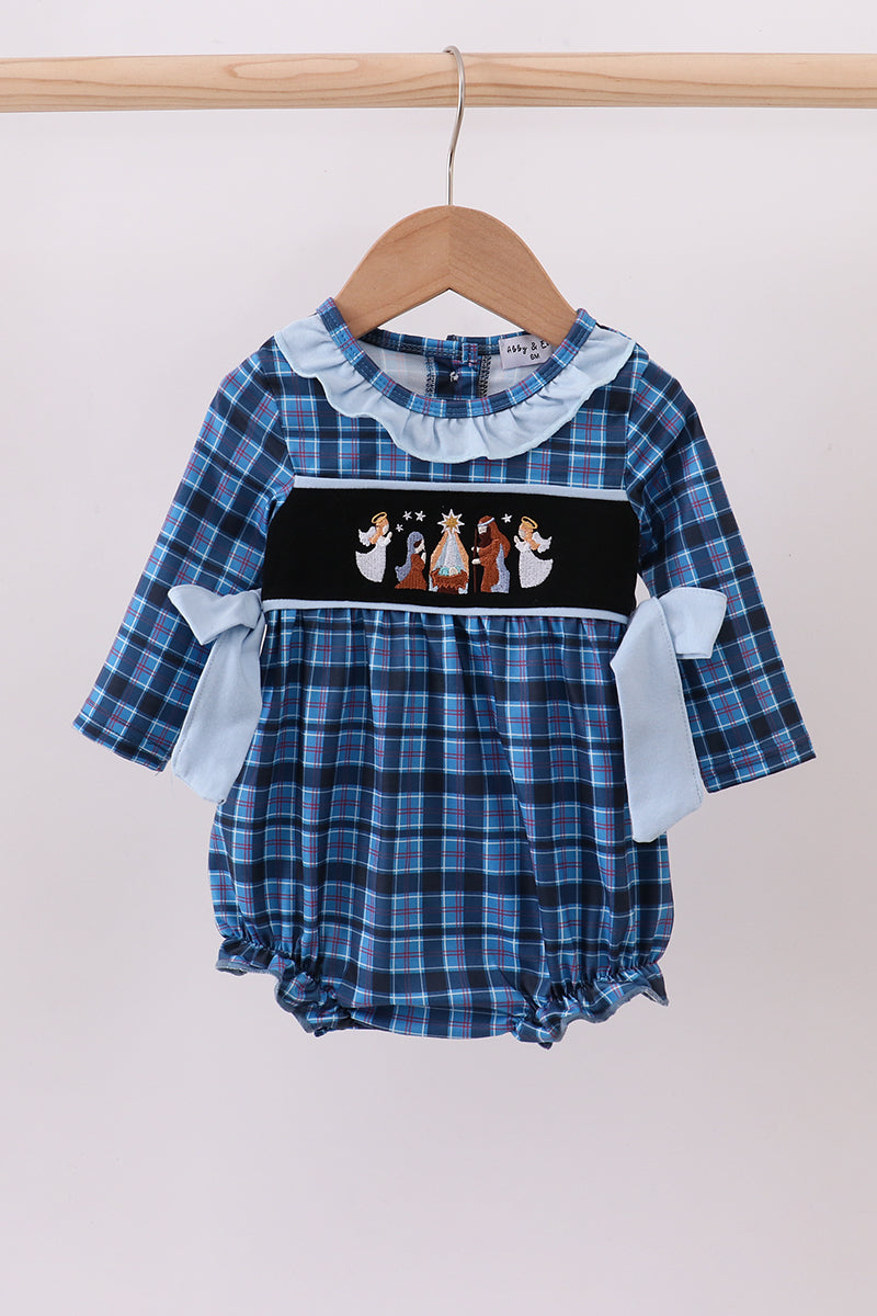 Navy nativity embroidery plaid ruffle bubble