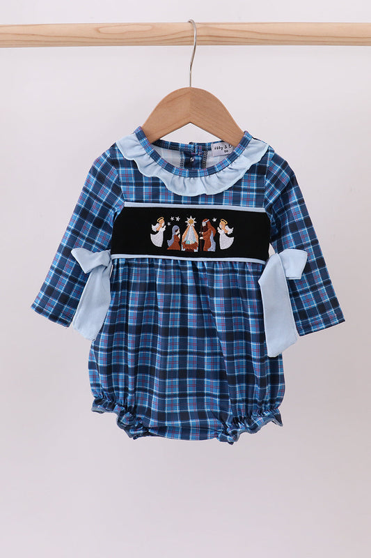 Navy nativity embroidery plaid ruffle bubble